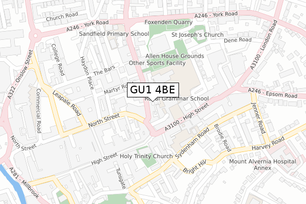 GU1 4BE map - large scale - OS Open Zoomstack (Ordnance Survey)