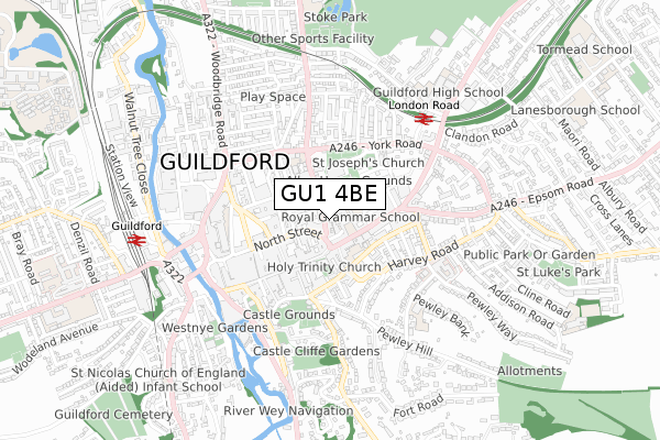 GU1 4BE map - small scale - OS Open Zoomstack (Ordnance Survey)