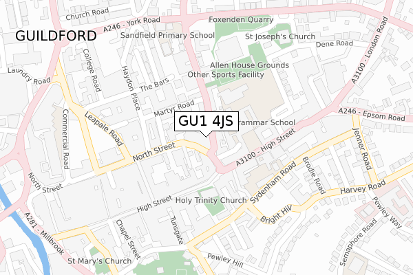 GU1 4JS map - large scale - OS Open Zoomstack (Ordnance Survey)