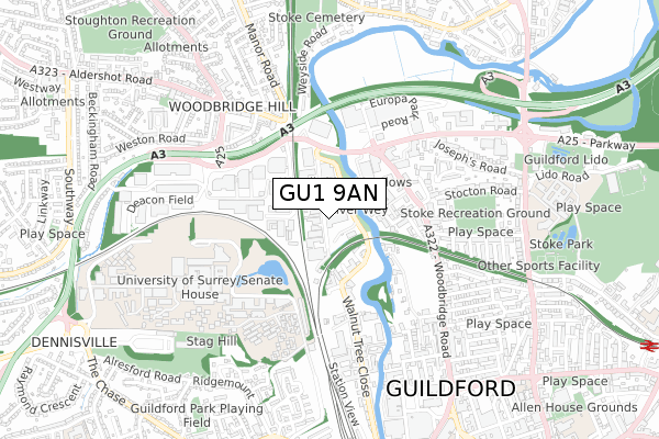 GU1 9AN map - small scale - OS Open Zoomstack (Ordnance Survey)