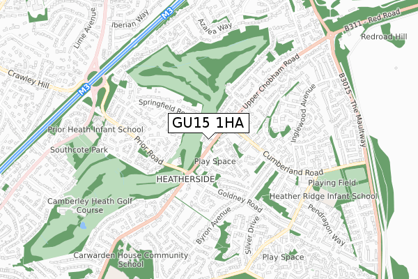 GU15 1HA map - small scale - OS Open Zoomstack (Ordnance Survey)