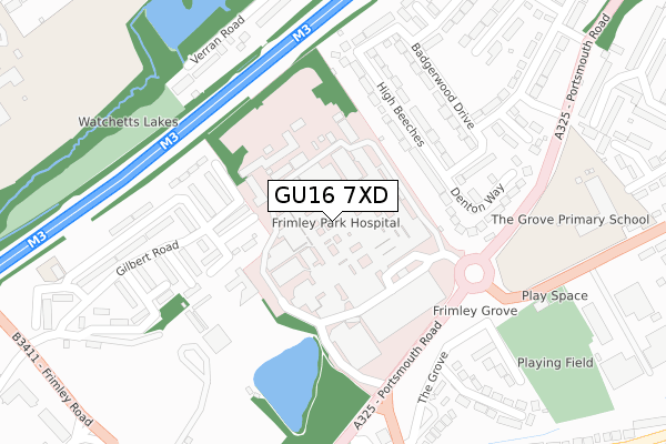 GU16 7XD map - large scale - OS Open Zoomstack (Ordnance Survey)