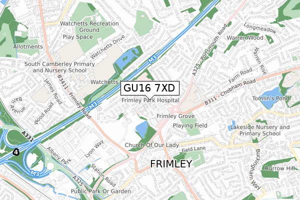 GU16 7XD map - small scale - OS Open Zoomstack (Ordnance Survey)