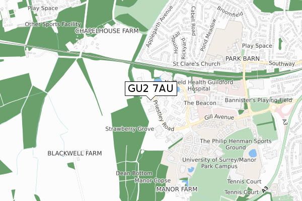 GU2 7AU map - small scale - OS Open Zoomstack (Ordnance Survey)