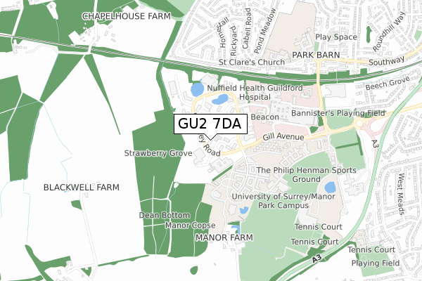 GU2 7DA map - small scale - OS Open Zoomstack (Ordnance Survey)