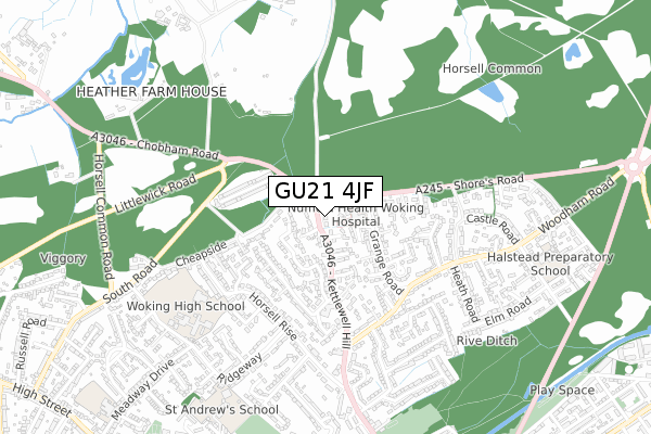 GU21 4JF map - small scale - OS Open Zoomstack (Ordnance Survey)