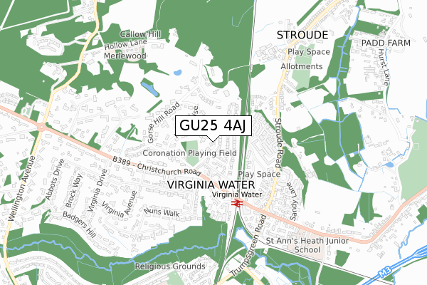 GU25 4AJ map - small scale - OS Open Zoomstack (Ordnance Survey)