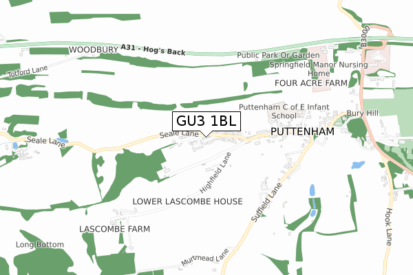 GU3 1BL map - small scale - OS Open Zoomstack (Ordnance Survey)