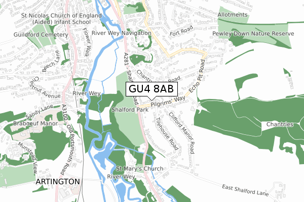 GU4 8AB map - small scale - OS Open Zoomstack (Ordnance Survey)