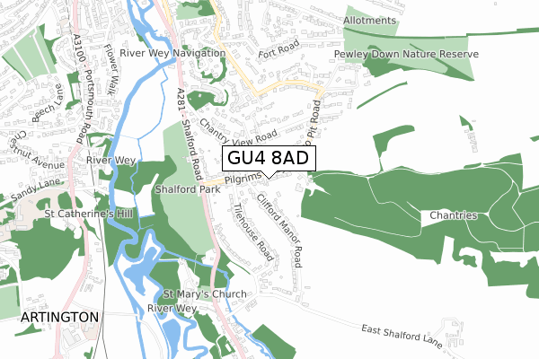 GU4 8AD map - small scale - OS Open Zoomstack (Ordnance Survey)