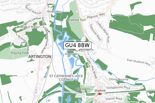 GU4 8BW map - small scale - OS Open Zoomstack (Ordnance Survey)