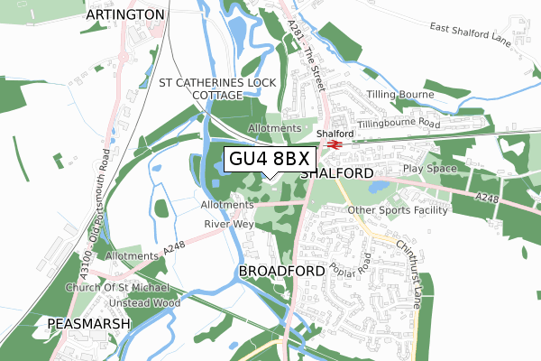 GU4 8BX map - small scale - OS Open Zoomstack (Ordnance Survey)