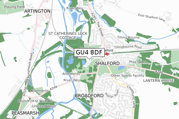 GU4 8DF map - small scale - OS Open Zoomstack (Ordnance Survey)