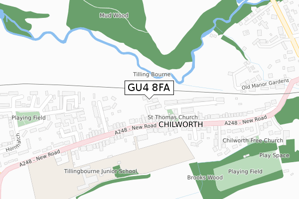 GU4 8FA map - large scale - OS Open Zoomstack (Ordnance Survey)