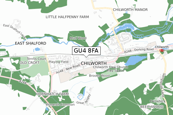 GU4 8FA map - small scale - OS Open Zoomstack (Ordnance Survey)