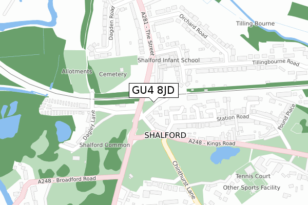 GU4 8JD map - large scale - OS Open Zoomstack (Ordnance Survey)