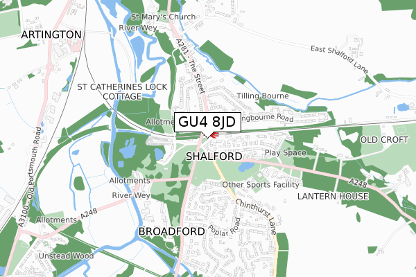 GU4 8JD map - small scale - OS Open Zoomstack (Ordnance Survey)