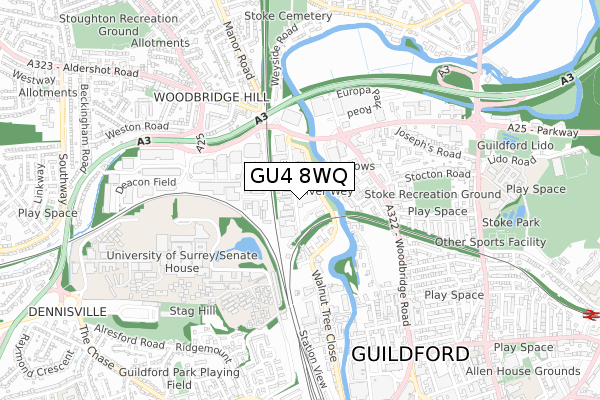 GU4 8WQ map - small scale - OS Open Zoomstack (Ordnance Survey)