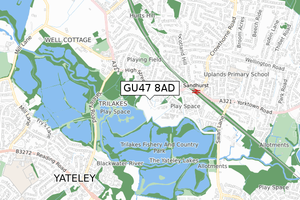 GU47 8AD map - small scale - OS Open Zoomstack (Ordnance Survey)