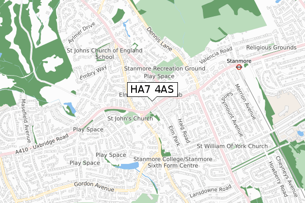 HA7 4AS map - small scale - OS Open Zoomstack (Ordnance Survey)