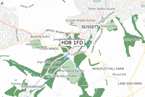 HD8 1FD map - small scale - OS Open Zoomstack (Ordnance Survey)