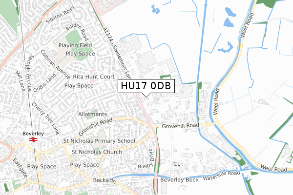 HU17 0DB map - small scale - OS Open Zoomstack (Ordnance Survey)