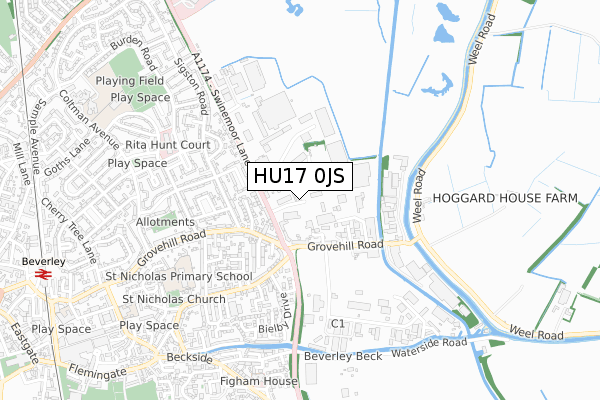 HU17 0JS map - small scale - OS Open Zoomstack (Ordnance Survey)