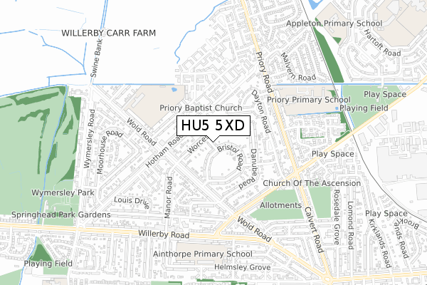 HU5 5XD map - small scale - OS Open Zoomstack (Ordnance Survey)