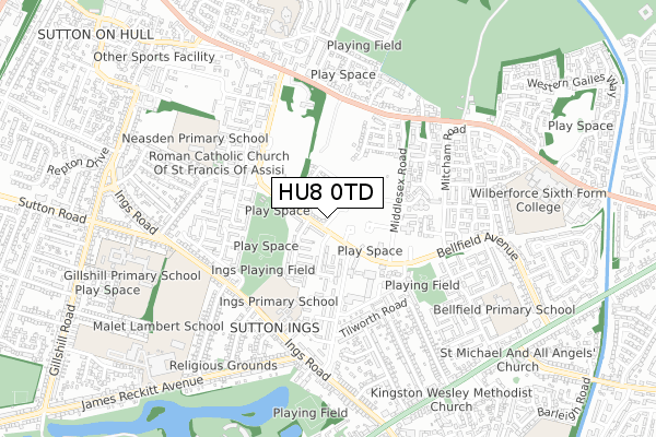 HU8 0TD map - small scale - OS Open Zoomstack (Ordnance Survey)