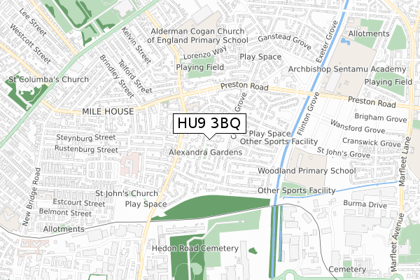 HU9 3BQ map - small scale - OS Open Zoomstack (Ordnance Survey)