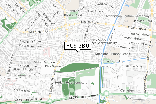 HU9 3BU map - small scale - OS Open Zoomstack (Ordnance Survey)