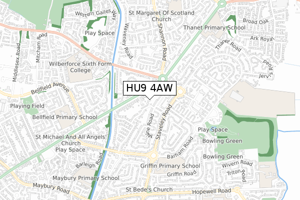 HU9 4AW map - small scale - OS Open Zoomstack (Ordnance Survey)