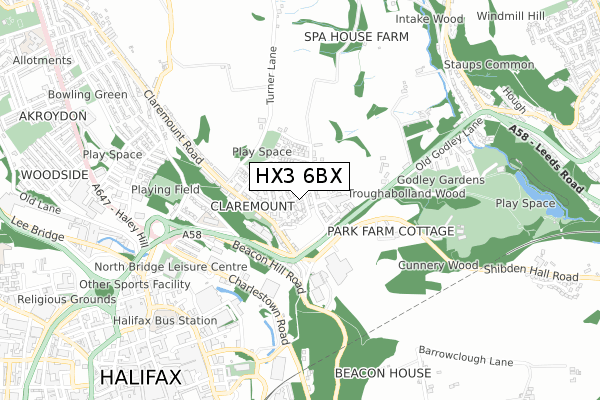 HX3 6BX map - small scale - OS Open Zoomstack (Ordnance Survey)