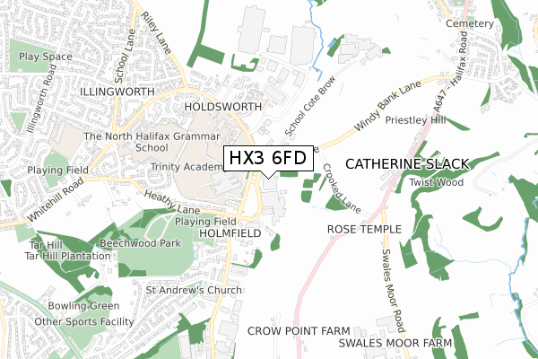 HX3 6FD map - small scale - OS Open Zoomstack (Ordnance Survey)