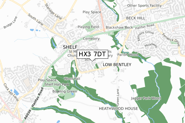 HX3 7DT map - small scale - OS Open Zoomstack (Ordnance Survey)