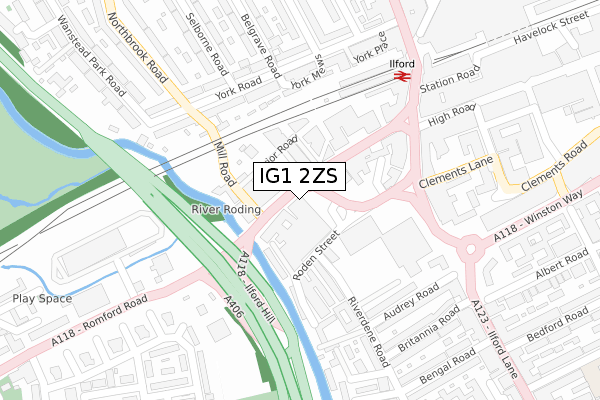 IG1 2ZS map - large scale - OS Open Zoomstack (Ordnance Survey)