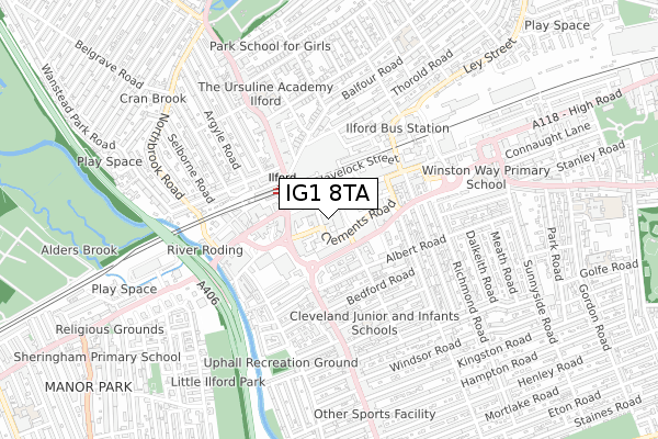 IG1 8TA map - small scale - OS Open Zoomstack (Ordnance Survey)