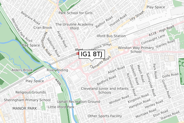 IG1 8TJ map - small scale - OS Open Zoomstack (Ordnance Survey)