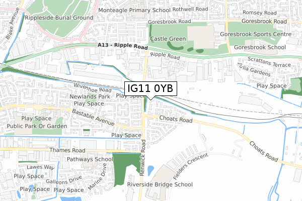 IG11 0YB map - small scale - OS Open Zoomstack (Ordnance Survey)