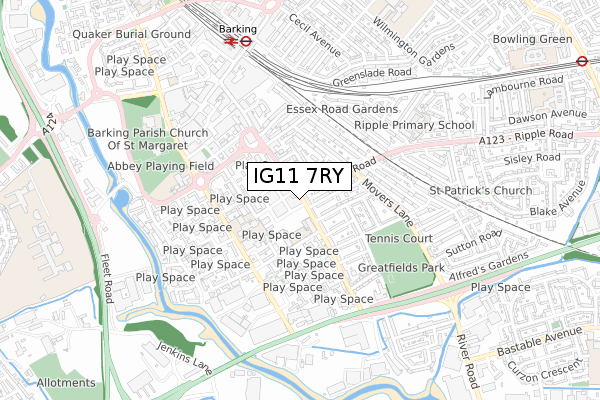 IG11 7RY map - small scale - OS Open Zoomstack (Ordnance Survey)