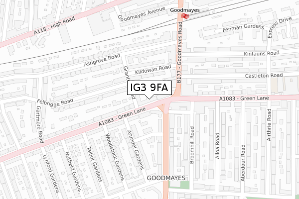 IG3 9FA map - large scale - OS Open Zoomstack (Ordnance Survey)