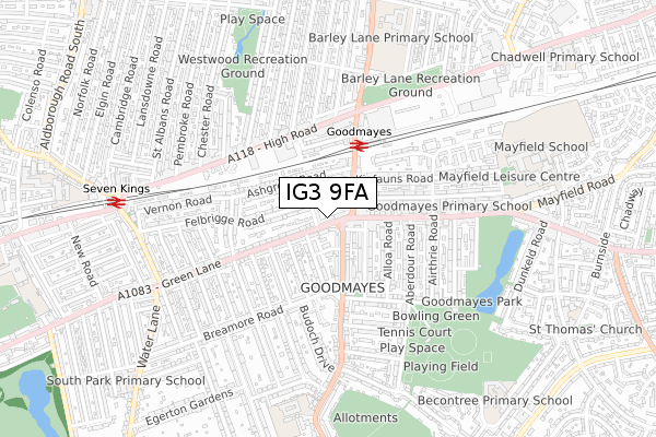 IG3 9FA map - small scale - OS Open Zoomstack (Ordnance Survey)