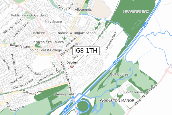 IG8 1TH map - small scale - OS Open Zoomstack (Ordnance Survey)