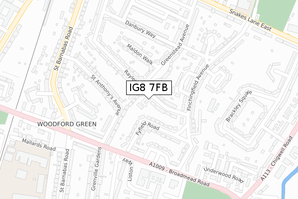 IG8 7FB map - large scale - OS Open Zoomstack (Ordnance Survey)