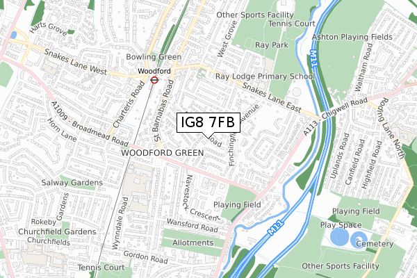 IG8 7FB map - small scale - OS Open Zoomstack (Ordnance Survey)