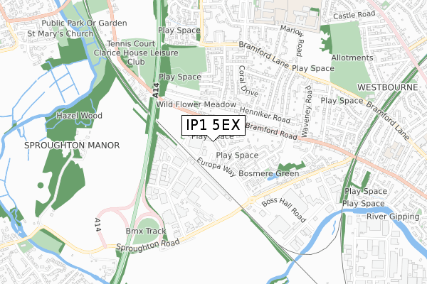 IP1 5EX map - small scale - OS Open Zoomstack (Ordnance Survey)