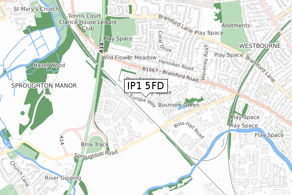 IP1 5FD map - small scale - OS Open Zoomstack (Ordnance Survey)