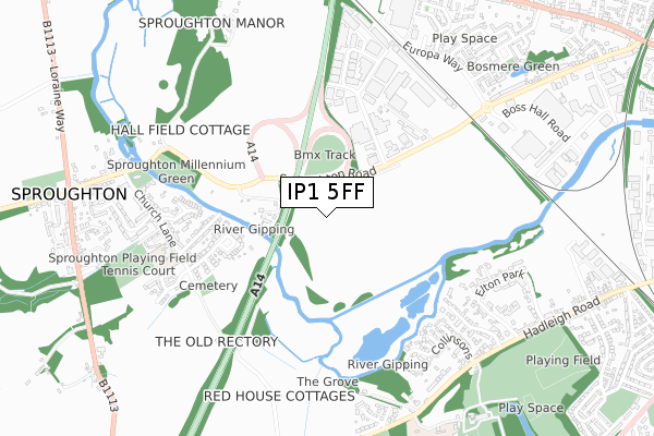 IP1 5FF map - small scale - OS Open Zoomstack (Ordnance Survey)