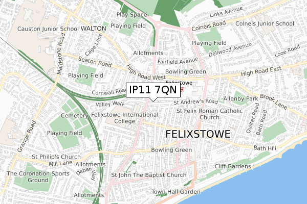 IP11 7QN map - small scale - OS Open Zoomstack (Ordnance Survey)