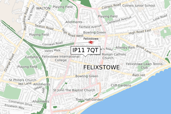 IP11 7QT map - small scale - OS Open Zoomstack (Ordnance Survey)